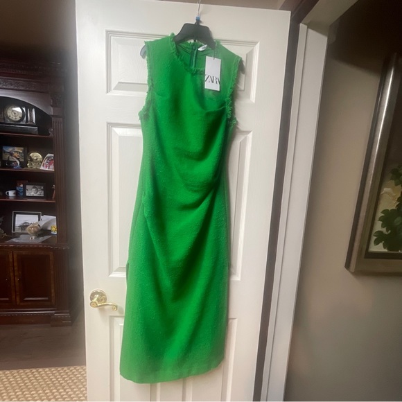 Zara Green Long Texture Fringe Weave Tweed Midi Pencil Bodycon Dress Size Medium - Picture 5 of 8
